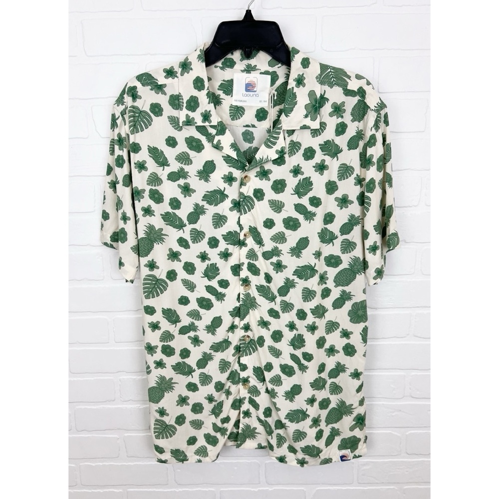 NWT Laguna Leaf Print Button Front Camp Shirt Short Sleeve Cream Green Large